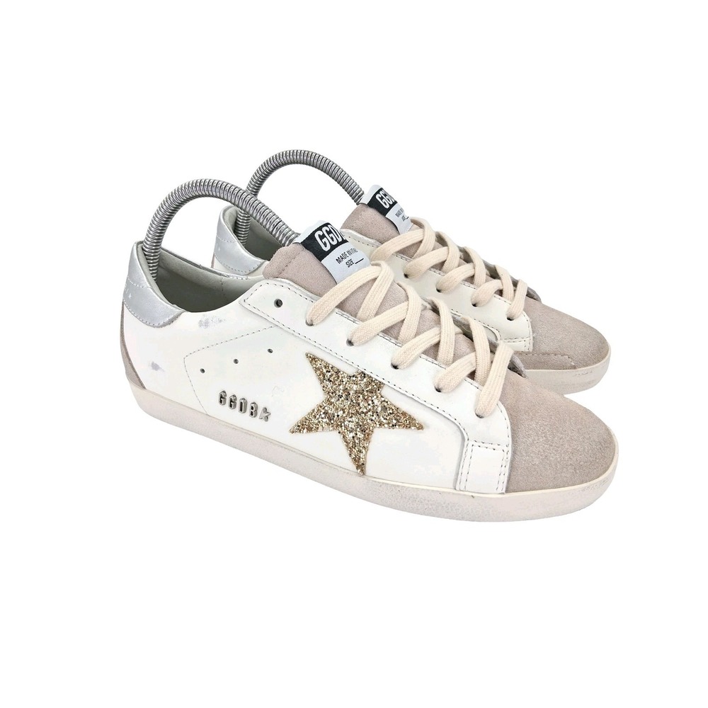 Golden Goose White & Beige Low-Top Sneakers with Gold Glitter Star